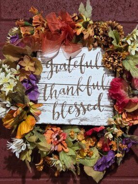 Colorful Autumn 15" Wreath with Orange Ribbon And Thankful Sign